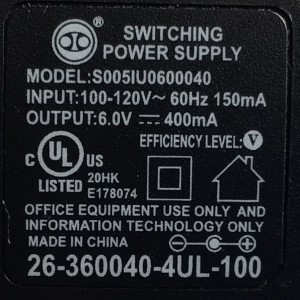 CARGADOR / ADAPTADOR DE FUENTE DE ALIMENTACION SWITCHING / VCA-VCD / NUMERO DE PARTE 26-360040-4UL-100 / ENTRADA VCA 100-120V~ 60HZ 150MA / SALIDA VCD 6.0V 400MA / MODELO S005IU0600040 